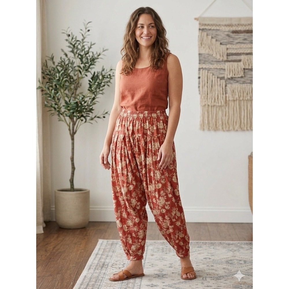 Alia Terracotta Floral Smocked Waist Harem Pants XL Boho Chic Cottagecore